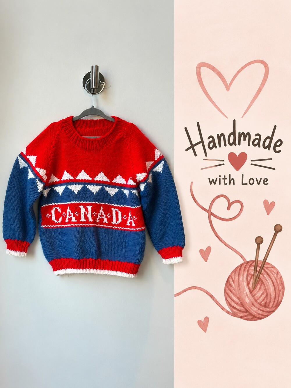 Handmade Canada Kids Knit Sweater Red Blue White Pullover Canadian Maple Style
